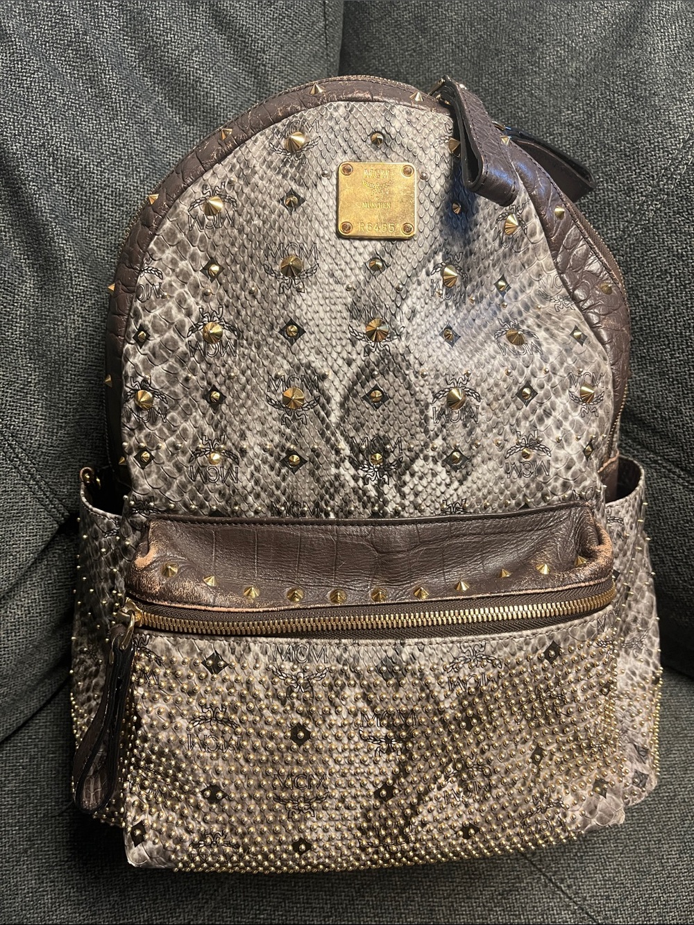 MCM Snakeskin and Leather Studded Viestos Backpack - Cards Included